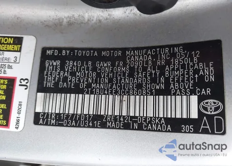 2012 Toyota Corolla S z USA, uszkodzony, nr VIN 2T1BU4EE3CC860851